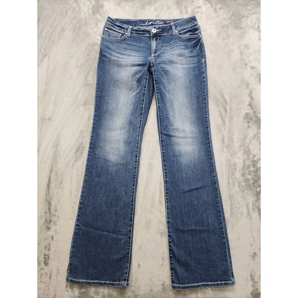 INC Curvy Mid Rise Bootcut Jeans Size 8L LONG Blue Button Flap Pockets Flare Y2K